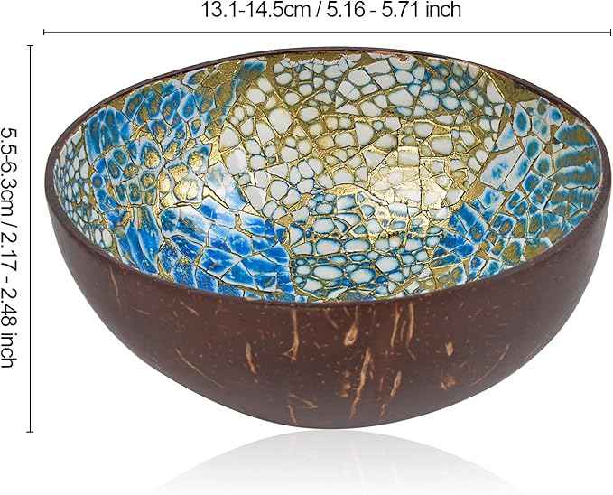 ChezMax Natural Coconut Bowl with Mother of Pearl Inlays - Key Bowl & Fruit Snack Holder (Blue-Gold)
