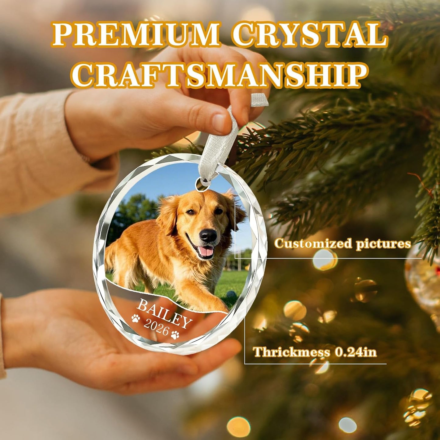 Personalized Dog Cat Ornament with Photo Text - Dog Ornaments 2026 Custom Crystal Pet Ornaments for Christmas Tree Personalized Gifts for Pet Lovers