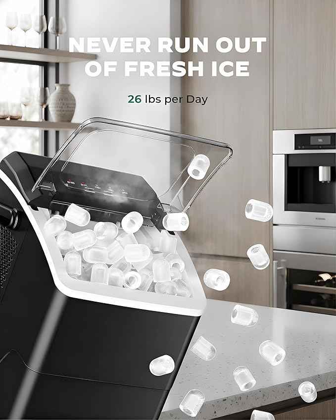Silonn Countertop Ice Maker, 26 lbs/Day Fast Ice in 6 Mins, Compact Self-Cleaning Ice Machine for Home, Kitchen, Office & Parties, Black