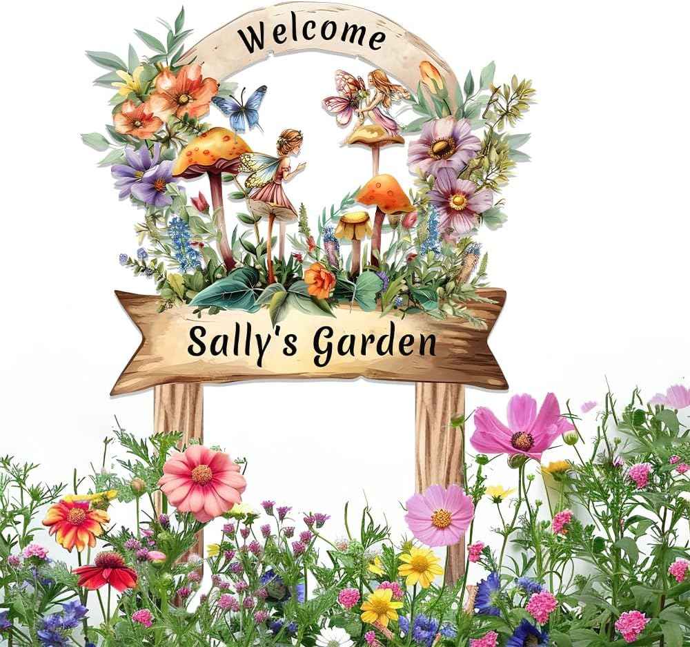 Cute Fairy Garden Metal Signs Custom with Stake,Gardeners Name Sign Personalized Decor for Outside Yard,Customized Gardening Gifts for Granddaughter Birthday,Butterfly Welcome Plaque for Lawn Patio