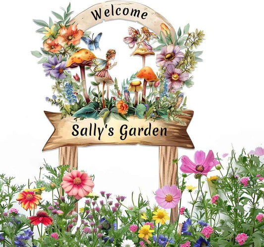 Cute Fairy Garden Metal Signs Custom with Stake,Gardeners Name Sign Personalized Decor for Outside Yard,Customized Gardening Gifts for Granddaughter Birthday,Butterfly Welcome Plaque for Lawn Patio