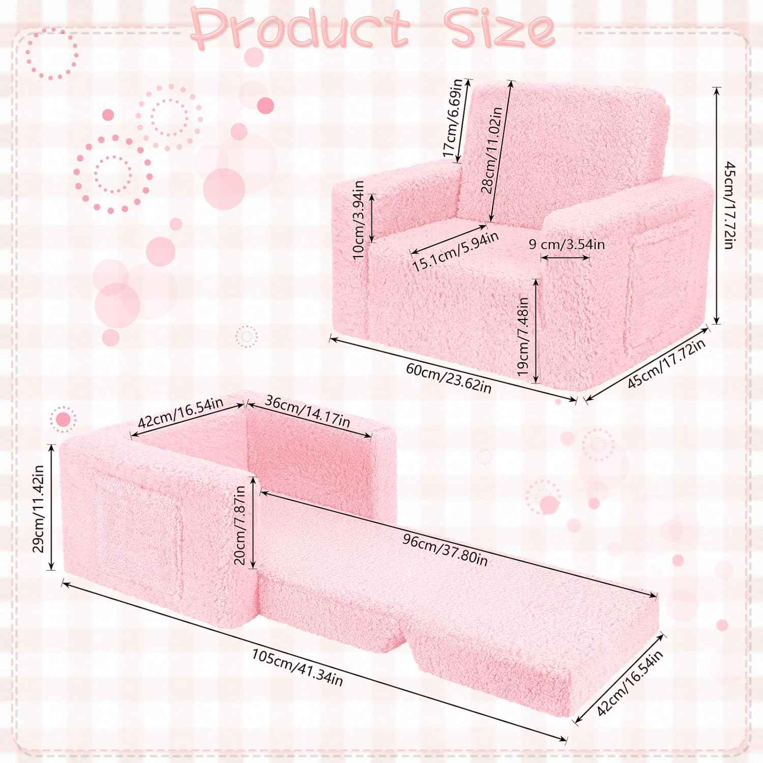 SLIGUY Toddler Couch Convertible Sofa to Lounger Pull Out Couch Sherpa Cover Dark Pink