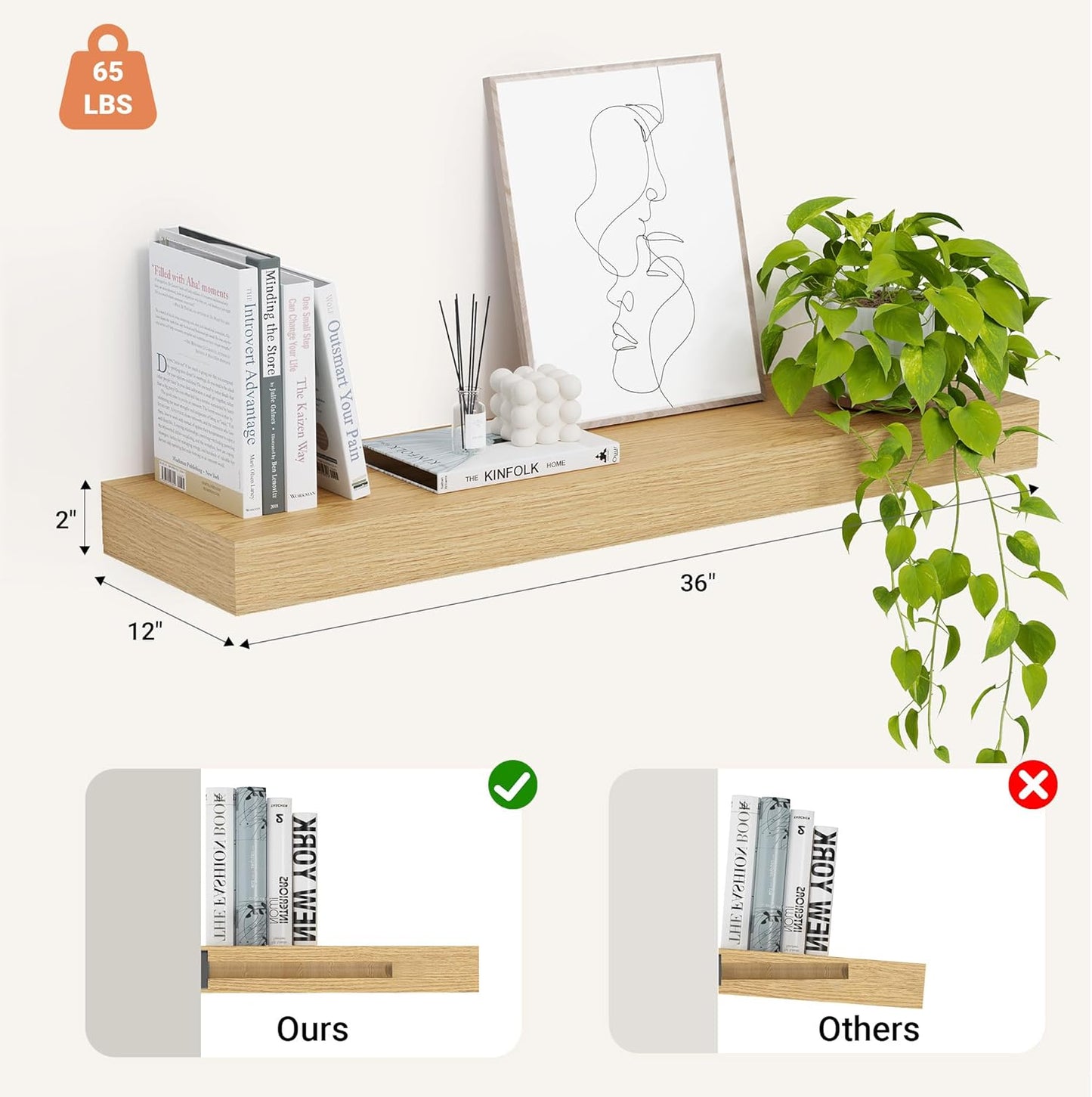 Heimlove 12" Deep Floating Shelves, 36 x 12 Inch Wall Mounted Long Floating Shelf with Invisible Brackets, for Home Decor, Bedroom, Kitchen, Living Room, Bathroom - 1 Pack, Oak