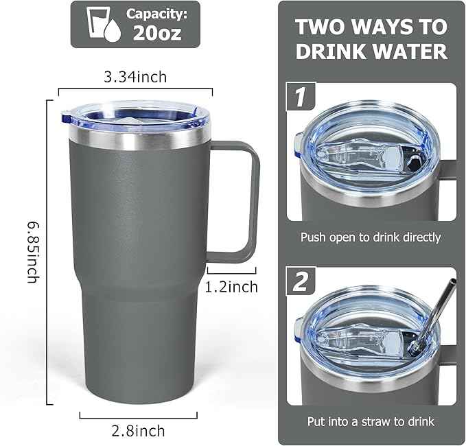 20 oz Tumbler with Handle, insulated cup coffee mug with lid, straw and handle, Double Wall Stainless Steel Vacuum Coffee Tumbler travel mug spill proof, 1pcs Grey