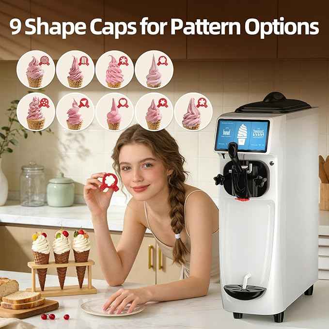 Soft Serve Ice Cream Machine, 4 to 4.5 Gal/H Ice Cream Maker 7 Inch Screen Soft Serve Machine with Pre-Cooling & Fresh-Keeping, 6L Stainless Hopper, Enclosed Body for Home Party Café Store
