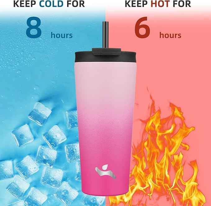 Konokyo 22 OZ Insulated Tumbler with Lid and 2 Straws Stainless Steel Water Bottle Vacuum Travel Mug Coffee Cup,Cherry