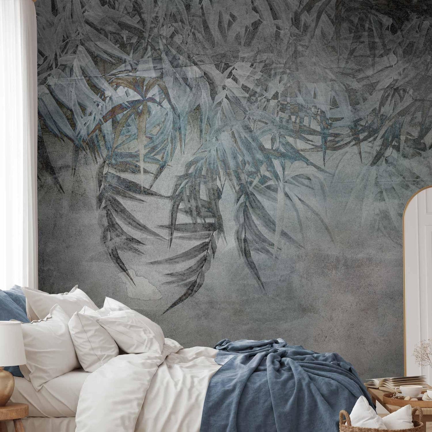 artgeist Premium Wall Mural Leaves 138x101 in - XXL Non-Woven Wallpaper Fleece Wall Decor Photo Print Picture Image Design Palm Leaves Concrete Nature Grey b-C-10103-a-a