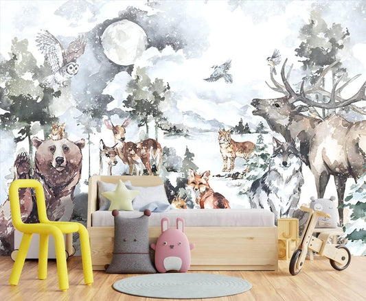 Boys or Girls Cartoon Watercolor Animals wallpeper Nursery Kids Bedroom Wall Mural - 137"x96"（Not Peel and Stick）