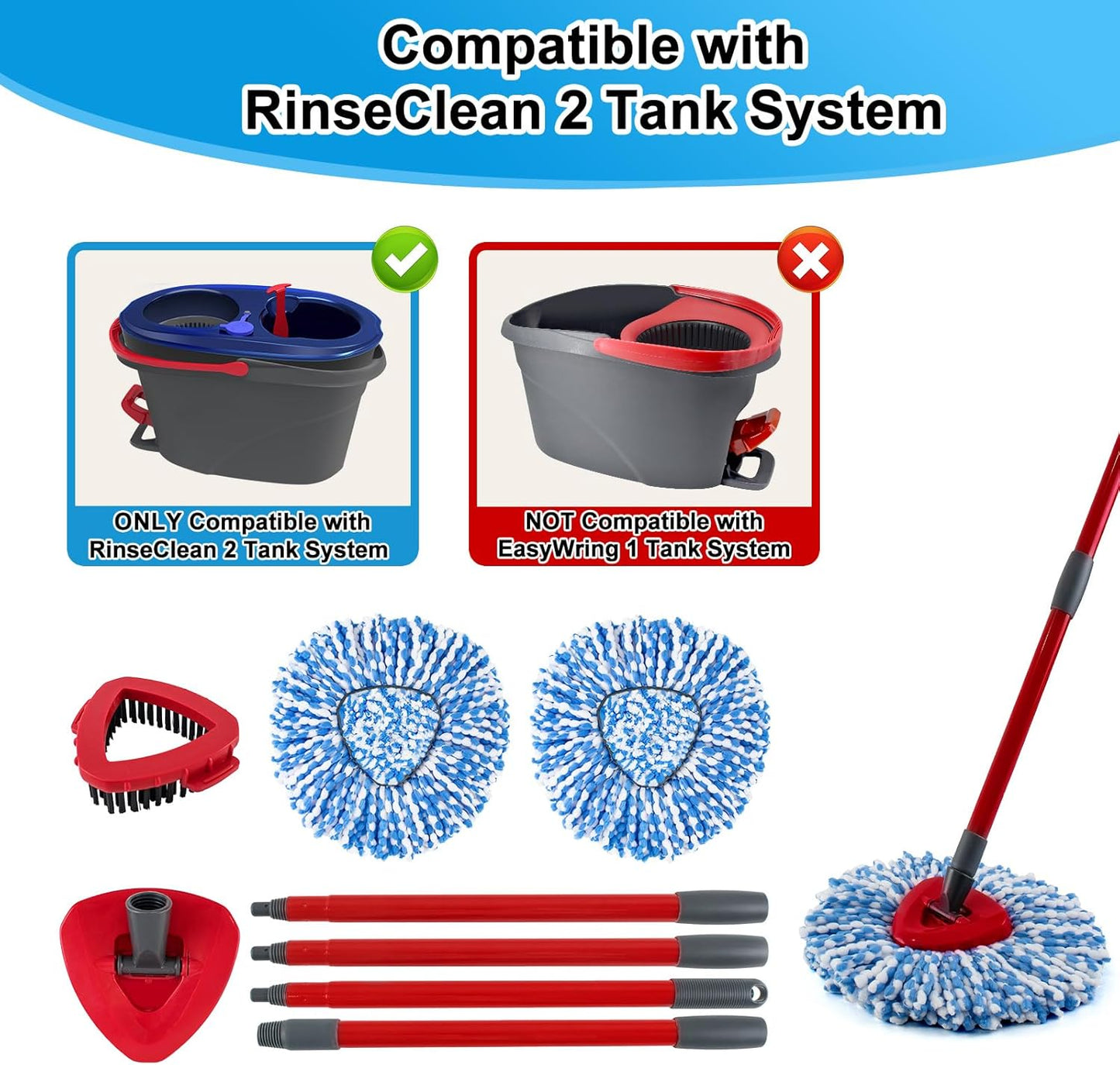 Spin Mop Head,Mop Handle,Base,Brush Compatible with Ocedar RinseClean 2 Tank Spin Mop System,2 Microfiber Spin Mops Replacement Head,4 Section Iron Mop Handle 30-58",Base and Scrub Brush Combo Set