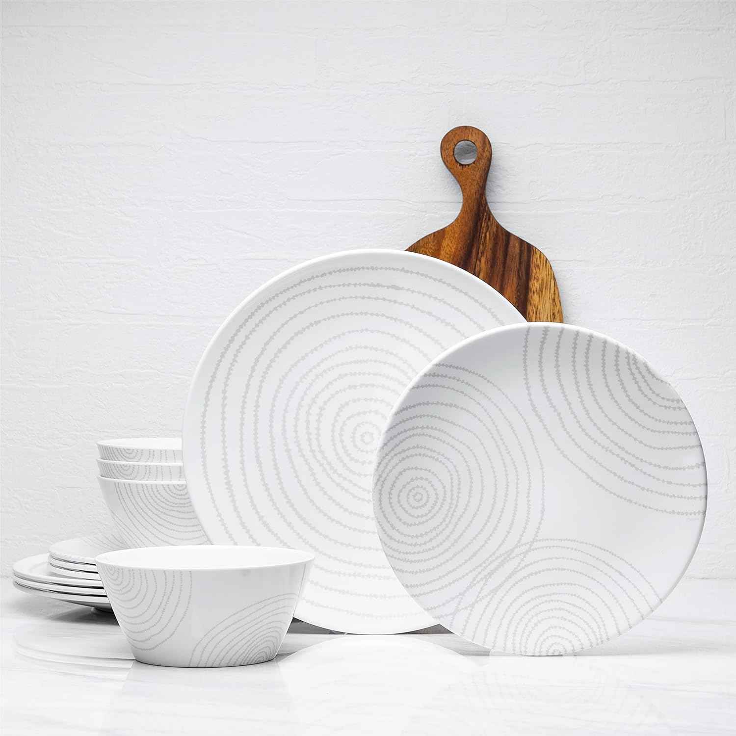 BZYOO BPA-Free Dishwasher Safe 100% Melamine Plastic Plate & Bowl Set Casual dining Indoor and Outdoor Dining Party (12 PCS Dinnerware set, Service for 4, white planet)