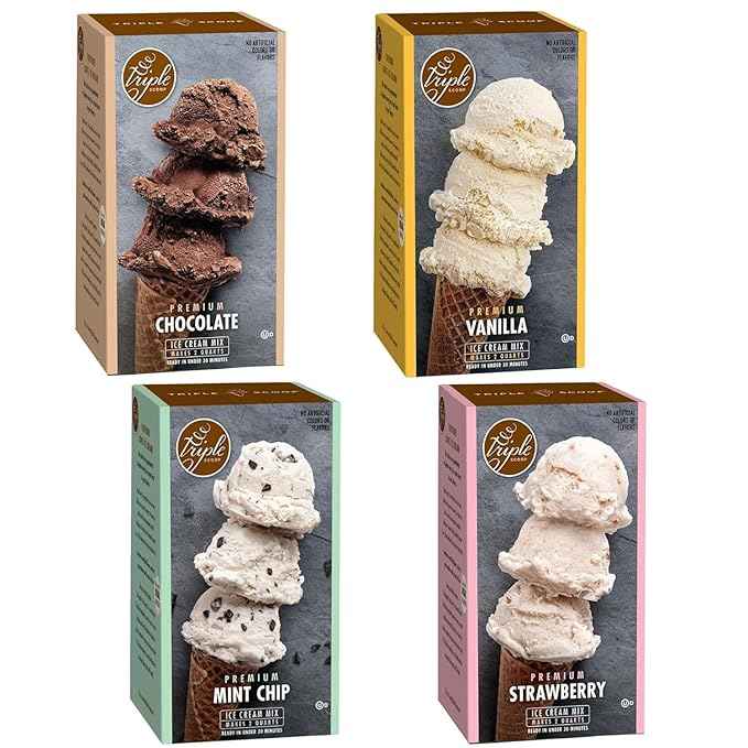Triple Scoop - Variety Pack (4) Ice Cream Mix, Mix For Ice Cream Maker. Simple, Easy, Delicious. From Gourmet Mix To Maker in 5 Minutes. Made in USA (Vanilla, Chocolate, Strawberry, Mint Choc Chip)