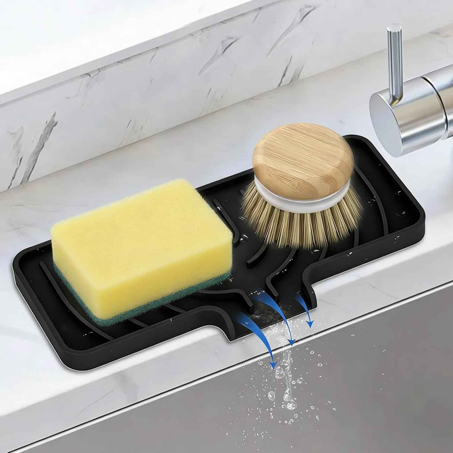 Silicone Sponge Holder for Kitchen Sink With Drain Spout, Self Draining, Kitchen Soap Tray, Bathroom Organizer, Sink Caddy (Black, 10×4)