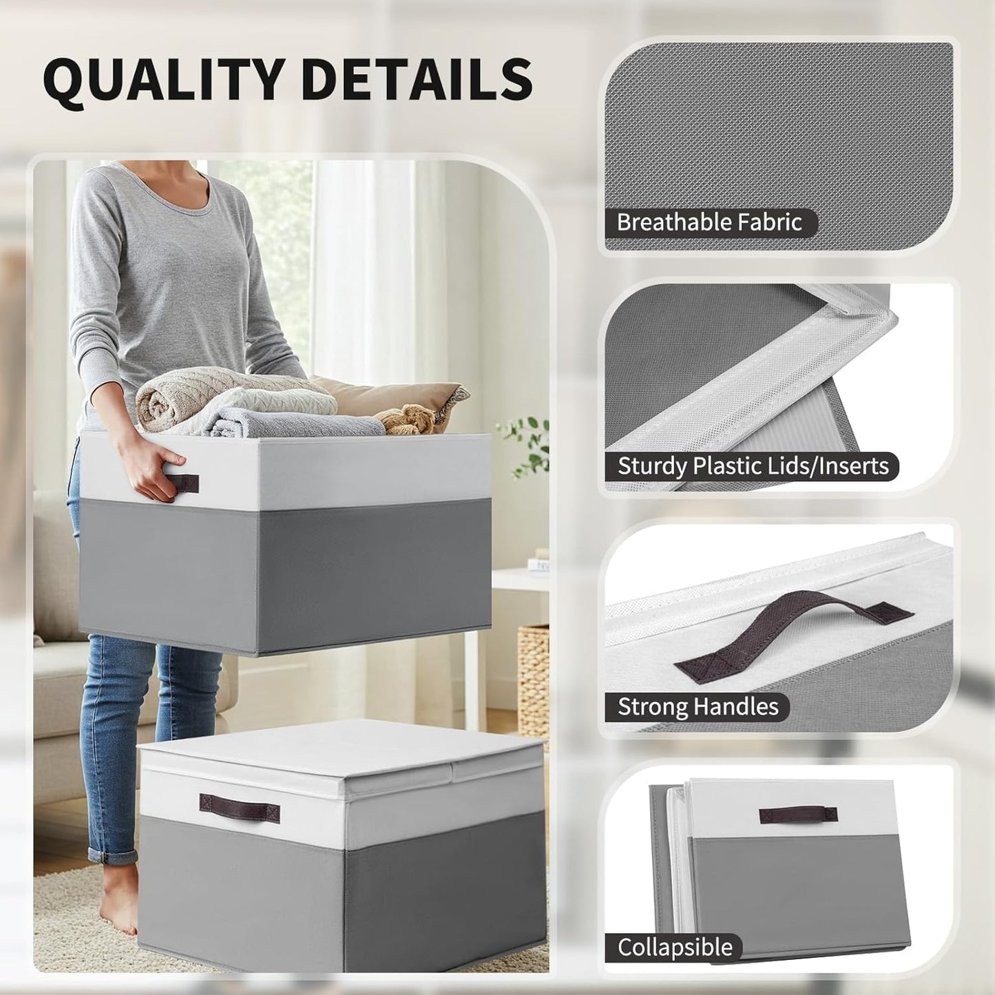 2 Pack EXTRA LARGE Blanket Storage Baskets with Lids, 22”x16”x12” Closet Organizers Bins for Clothes Towel/ Storage Box with Lid Handles/ Stackable Decorative Fabric Bins for Living Room, Nursery