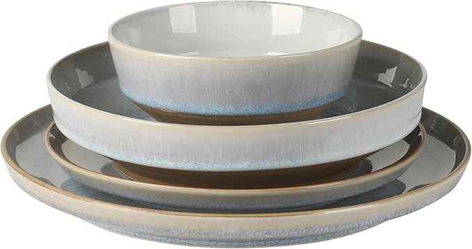 Gibson Elite Hailstone 16 Piece Stoneware Reactive Glaze (Service for 4) Ceramic Plates and Bowls Dinnerware Set - Moon Blue