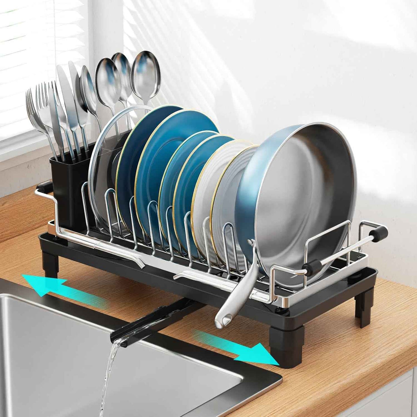 GSlife Small Dish Drying Rack for Counter, Stainless Steel Expandable Dish Drainer with Drain Board and 360° Swivel Spout, Compact for RV, Camper or Over Sink Use, 1-2 People, Narrow 6.5" W, Silver