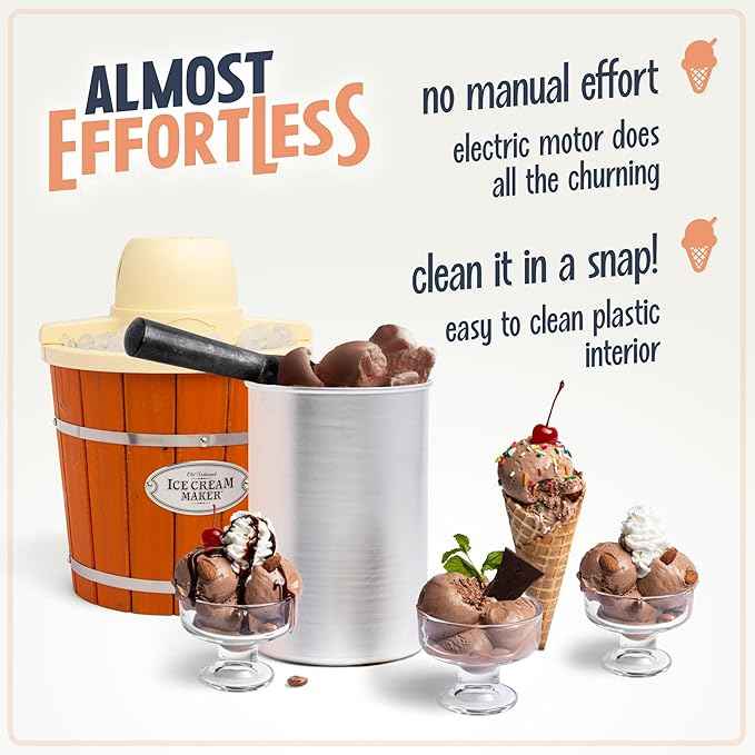 Nostalgia Electric Ice Cream Maker With 4 Qt Capacity- Old Fashioned Ice Cream Machine Makes Frozen Yogurt or Gelato in Minutes- Vintage Wooden Style Ice Cream Maker with Aluminum Canister- Light Wood