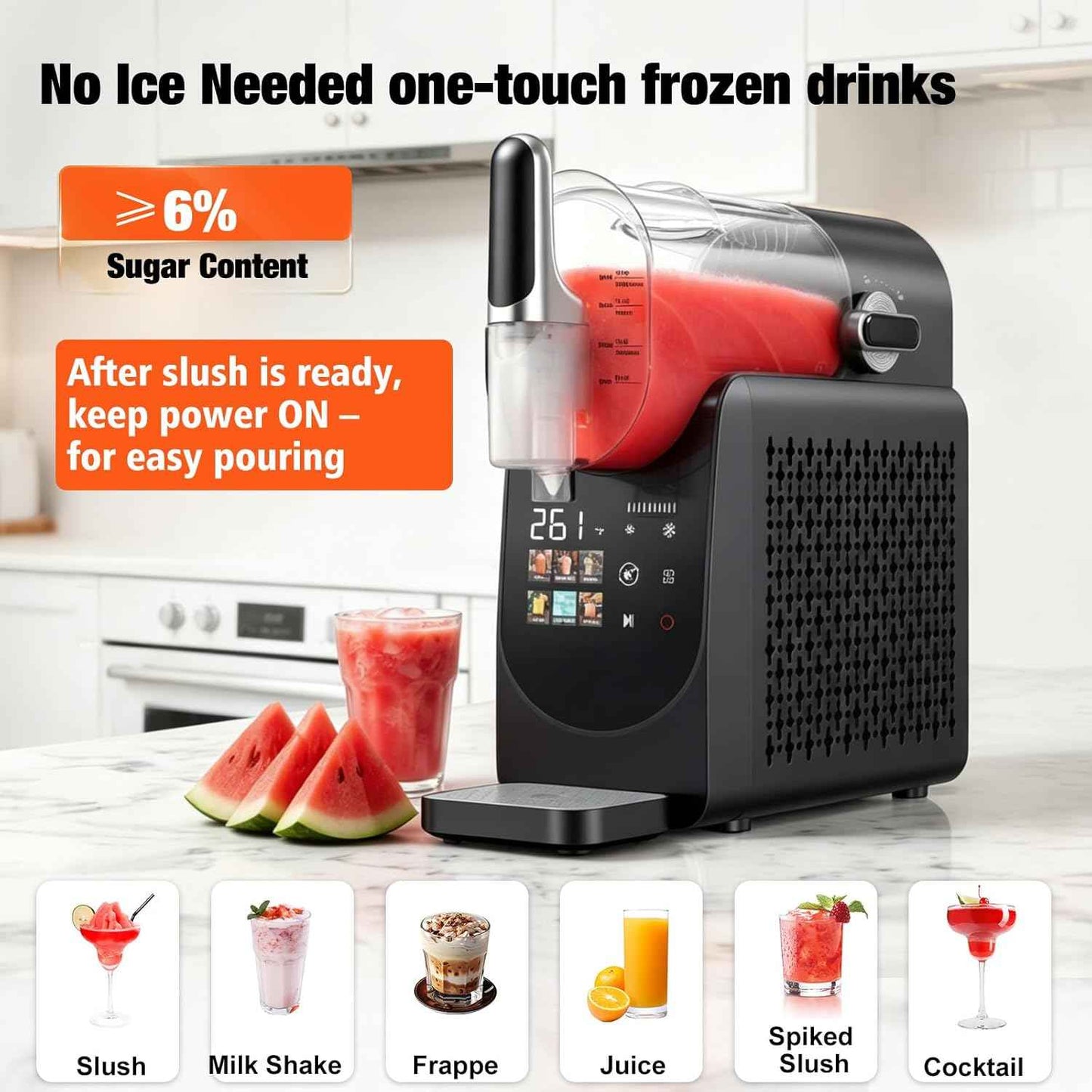 Slushie Machine No Ice Needed, Auto-Clean, Slushy Machine for Home, 220W Quick Frozen Drink Maker with 6 Preset Programs for Margaritas, Frappés, Milk Shake and More, LED Display, Black, 88oz