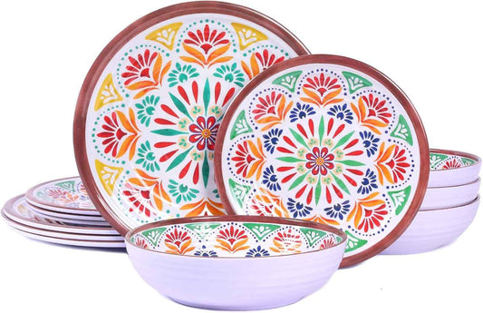 12-Piece Melamine Dinnerware Set,Service for 4, Durable Plate and Bowl, Floral Pattern Tableware for Parties & Home, Dinner Salad Dessert Plates, and Cereal Bowls Set,Housewarming Wedding Gift - Brown