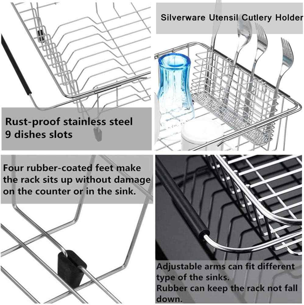 SANNO Large Expandable Dish Drying Rack Dish Rack Drainer with Stainless Steel Utensil Holder Over The Sink Dish Drainer Dish Rack in Sink On Counter