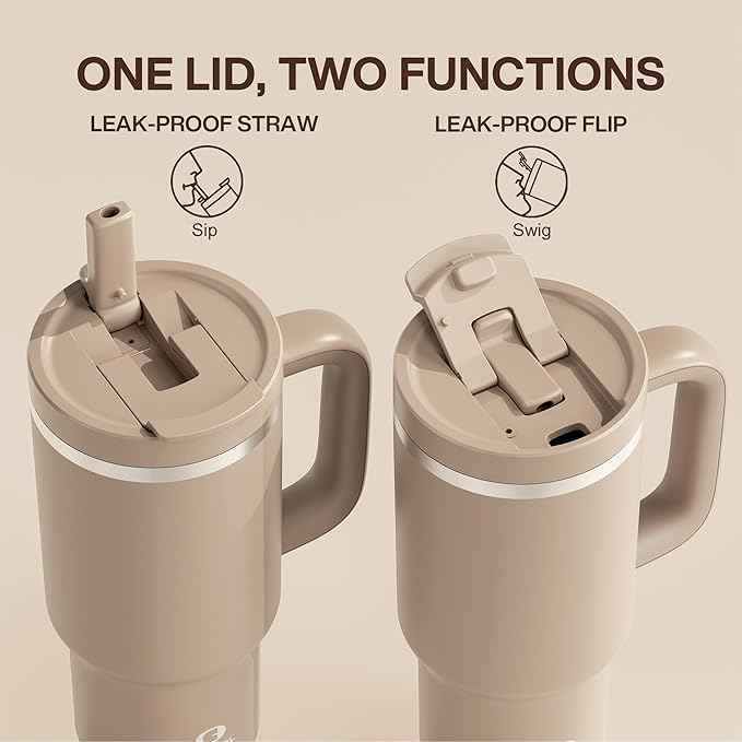 ENCOOL 32 oz Tumbler with Handle and Straw: Stainless Steel Insulated Tumbler Keeps Cold for 24 Hours, Leakproof Travel Cup Fits in Cup Holder and BPA-Free,Raw Umber