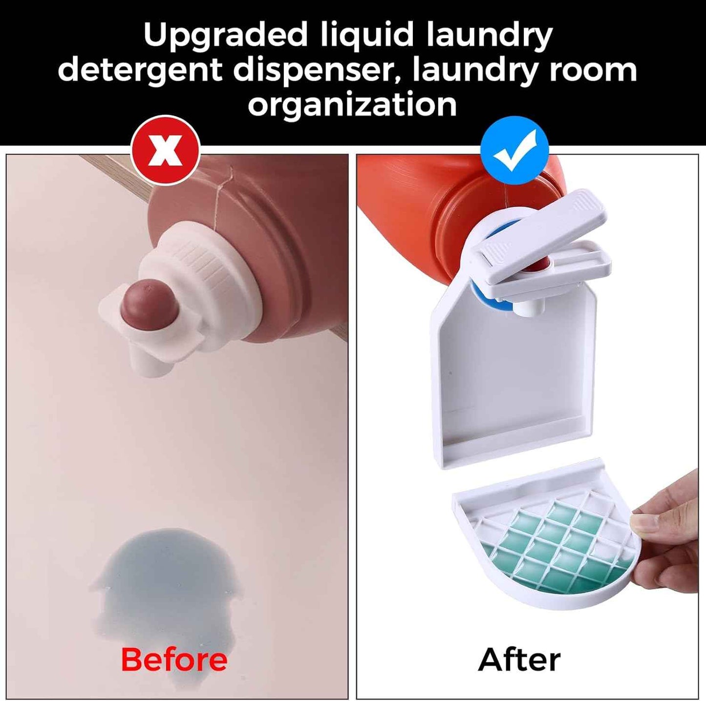 KMOUANTS 2 Pack Laundry Detergent Dispenser Cup Holder, Nozzle button upgrade，Easily No More runny or Messy Laundry Detergent, Laundry Cup Holder and drip Tray Room Organization and Storage