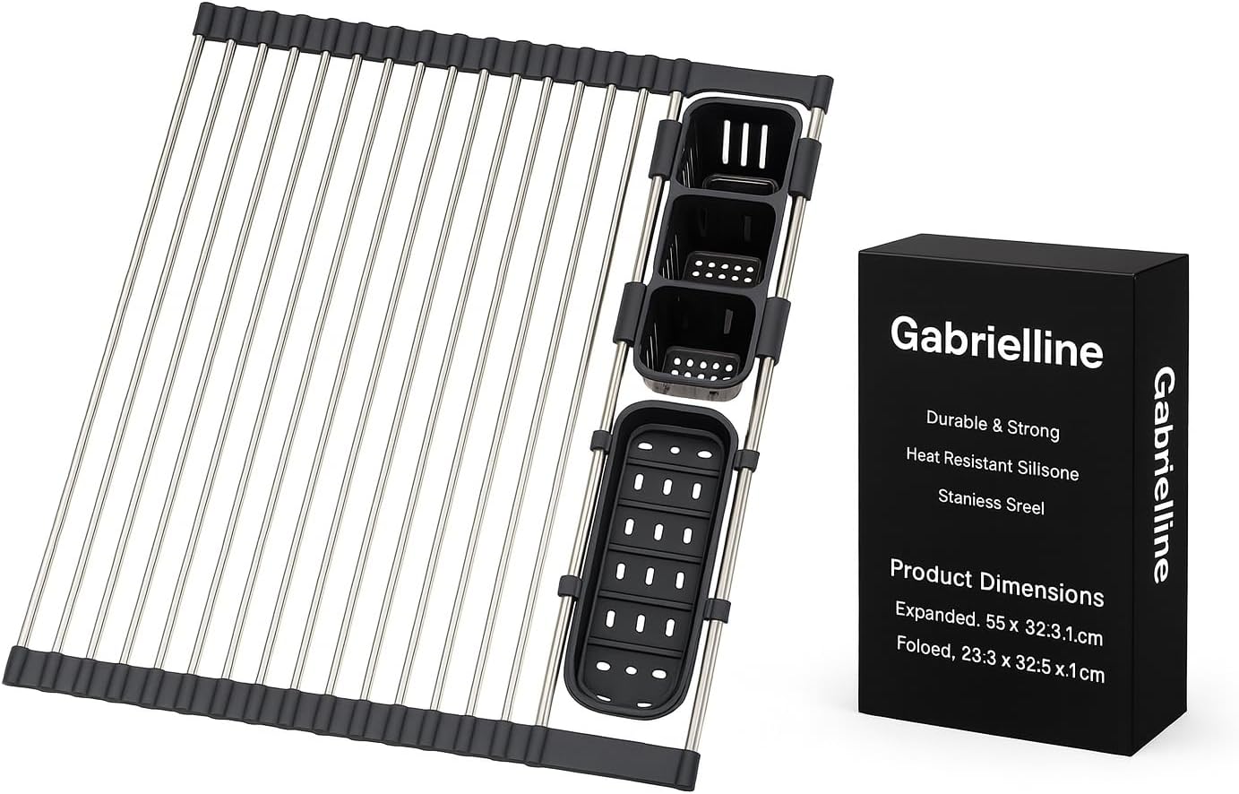 Gabrielline Extra Large Roll Up Dish Drying Rack for Kitchen Sink - 21.6” x 12.7” Stainless Steel Over The Sink Mat with Utensil Caddy & Drip Tray - Heavy Duty Space Saving 5-PC Set