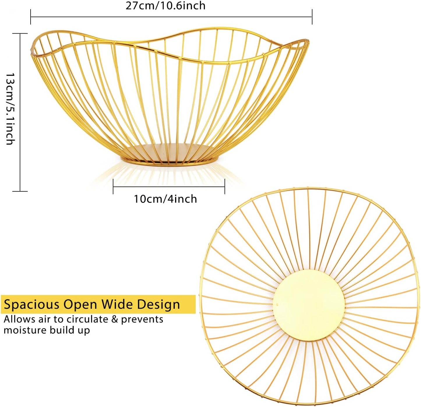 Metal Wire Fruit Basket, Gold Fruit Bowl for Kitchen Counter, Fruit Holder Stand Storage Baskets for Countertop, Home Decor, Table Centerpieces, Vegetable Bowls for Fruits, Veggies, Snacks (Gold)