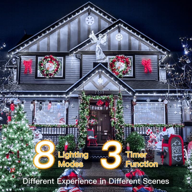 Ollny Christmas Lights, 198 FT 600 LED Outdoor Waterproof Plug in Christmas Tree Lights with 8 Modes Remote Timer, String Lights for House Yard Outside Indoor Xmas Decorations White