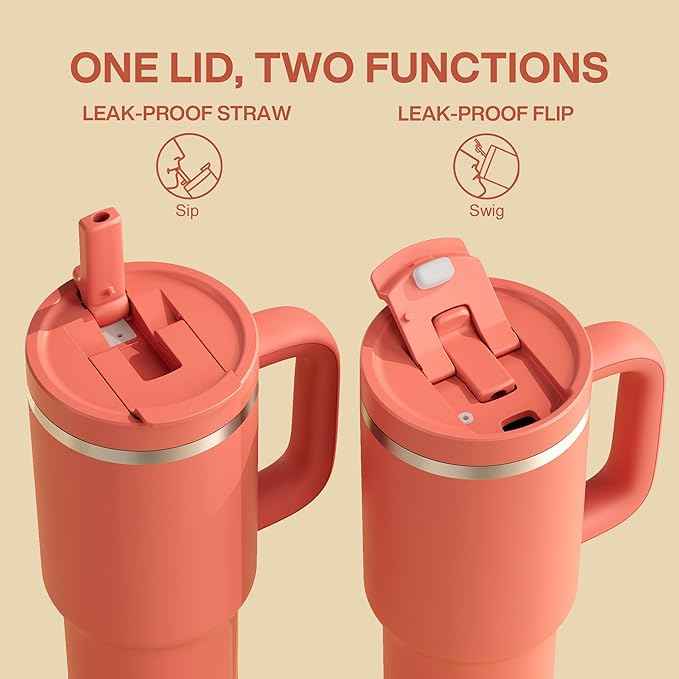 ENCOOL 40 oz Tumbler with Handle and Straw: Stainless Steel Insulated Tumbler Keeps Cold for 24 Hours, Leakproof Travel Cup Fits in Cup Holder and BPA-Free,Tawny Orange