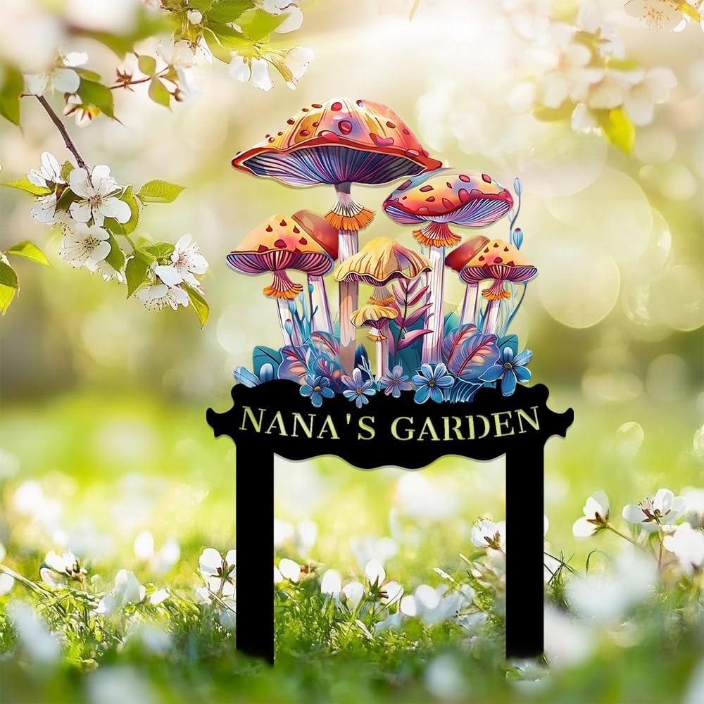 Custom Mushroom Garden Sign with Stake,Personalized Gardener Name Signs Yard Metal Art,Customized Gardening Housewarming Gifts Flowers Outdoor Decor,Butterfly Welcome Plaque for Outside Lawn Patio