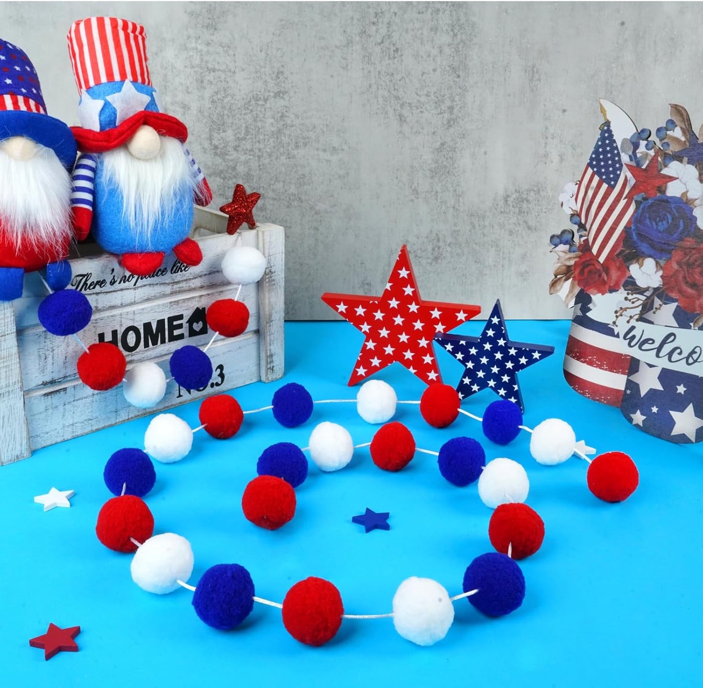 TBD Decor 3pk 4th of July Decorations Patriotic Red White Blue Pom Pom Garland 20FT 4cm Large Felt Ball Garland for Independence Day,Party Home Supplies Decorations
