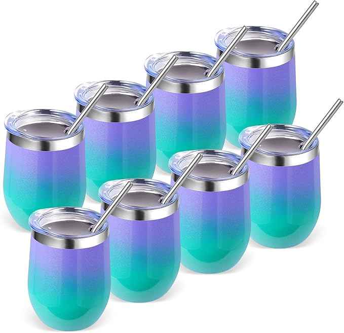 Volhoply 12oz Stainless Steel Wine Tumbler with Lid Bulk 8 Pack,Double Wall Vacuum Stemless Wine Glasses,Reusable Metal Travel Coffe Mug with Straw,Insulated Cup Gifts for Women（Purple Green,8 Set）