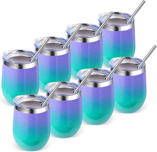 Volhoply 12oz Stainless Steel Wine Tumbler with Lid Bulk 8 Pack,Double Wall Vacuum Stemless Wine Glasses,Reusable Metal Travel Coffe Mug with Straw,Insulated Cup Gifts for Women（Purple Green,8 Set）