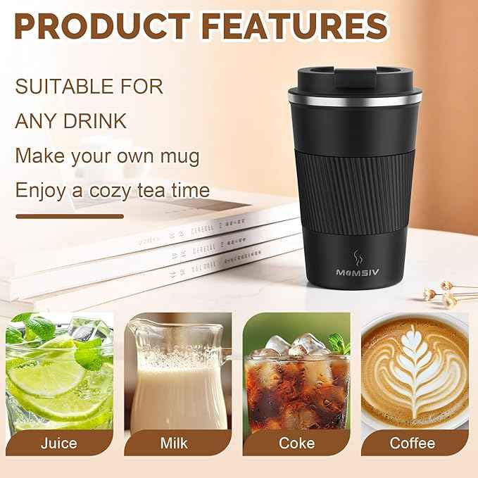 MOMSIV 12oz Travel Mug, Insulated Coffee Cup with Leakproof Lid, Vacuum Stainless Steel Double Walled Reusable Tumbler for Hot and Cold Water Coffee and Tea In Travel and Car (Black - 380ml)