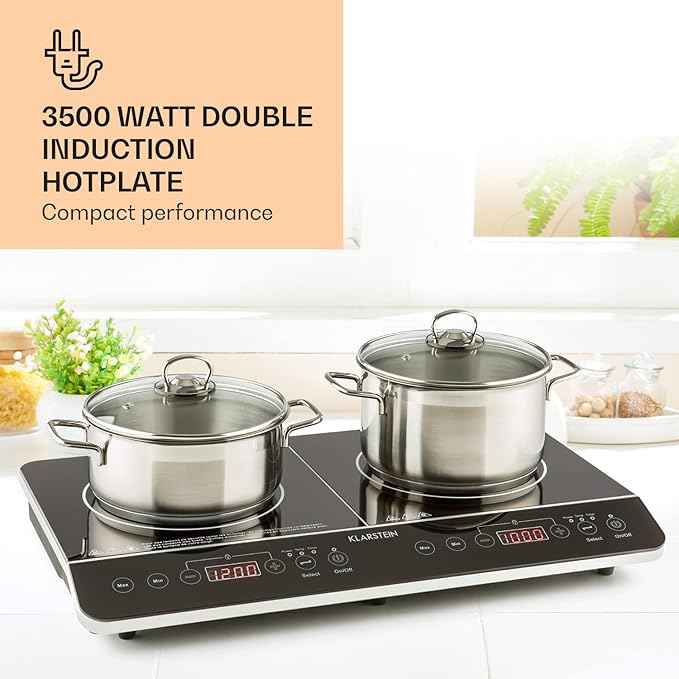 Klarstein VariCook Slim Double Induction Hob 3500W, 240°C, 10 Adjustable Power Levels, Glass Surface, Timer, Touch Control via Surface, Black