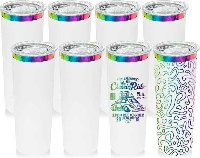 20 oz Skinny Tumblers Stainless Steel Tumbler with Lid and Straw Double Wall Vacuum Insulated Coffee Mug 20oz Powder Coated Cup for Hot and Cold Drinks(White,8 pack)