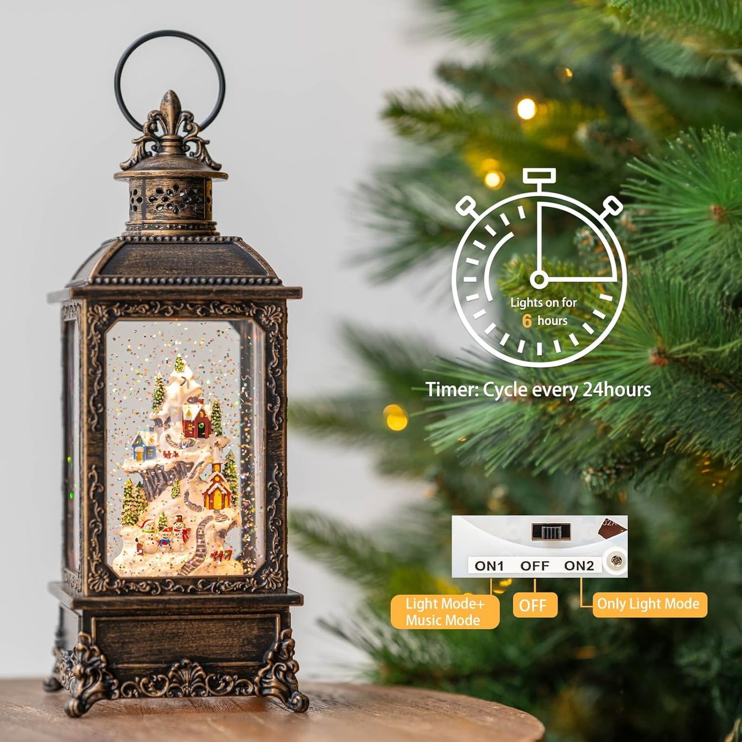 Christmas Village Buildings Snow Globe Lantern Water Glittering Snowman Family with Music & Timer, USB Lined/Battery Operated Lighted Lantern for Christmas Festival Decoration Gifts