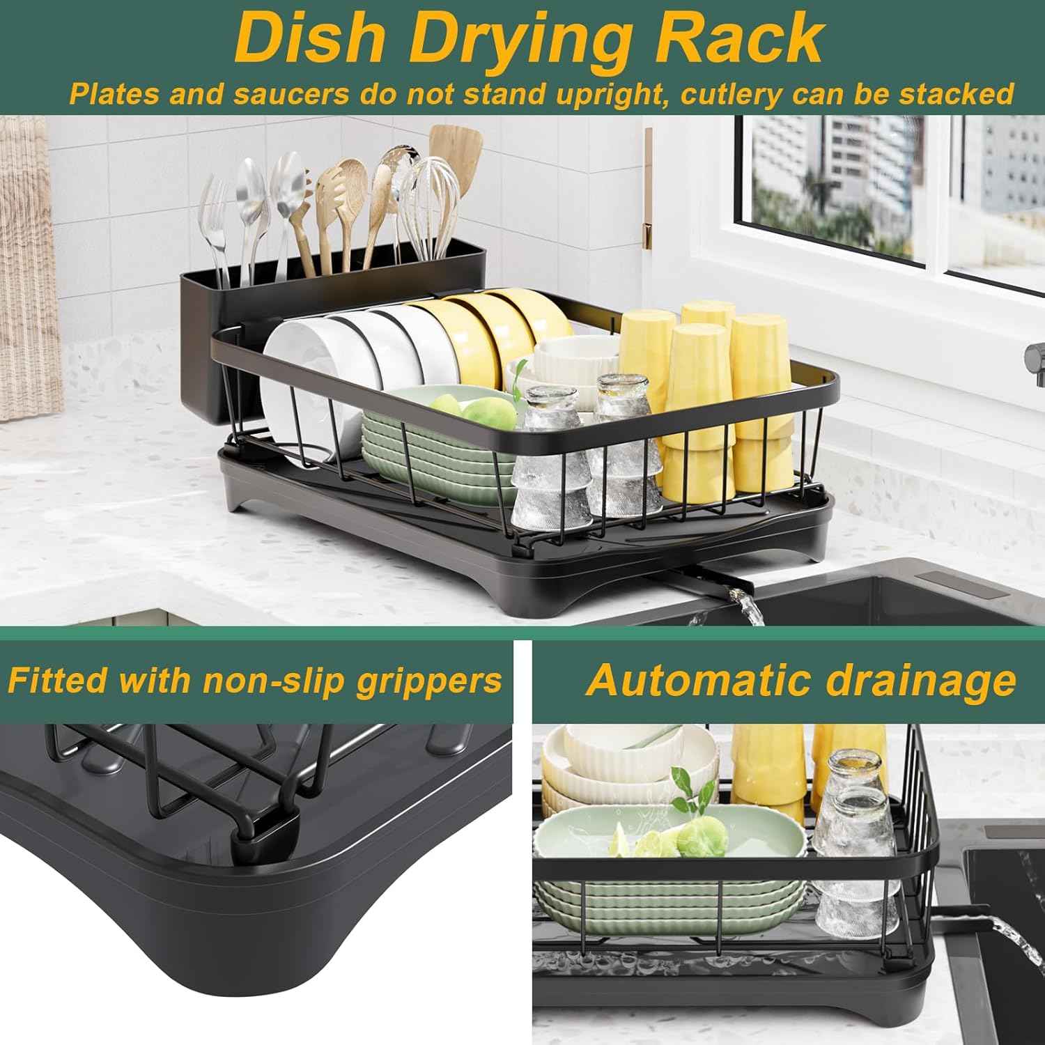 LIYI Dish Drying Rack,Adjustable Spout Design,Kitchen Dish Racks,Made of Iron Material,with Removable Draining Board,Suitable for Kitchen and Caravan Use Scenarios,Black
