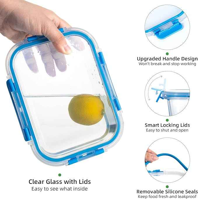 UMEIED 10 PACK Glass Food Storage Containers with Leak Proof Lids, Glass Airtight Meal Prep Containers Set for Lunch, On the Go, Leftover, Kitchen Pantry Organizers and Storage (Blue)