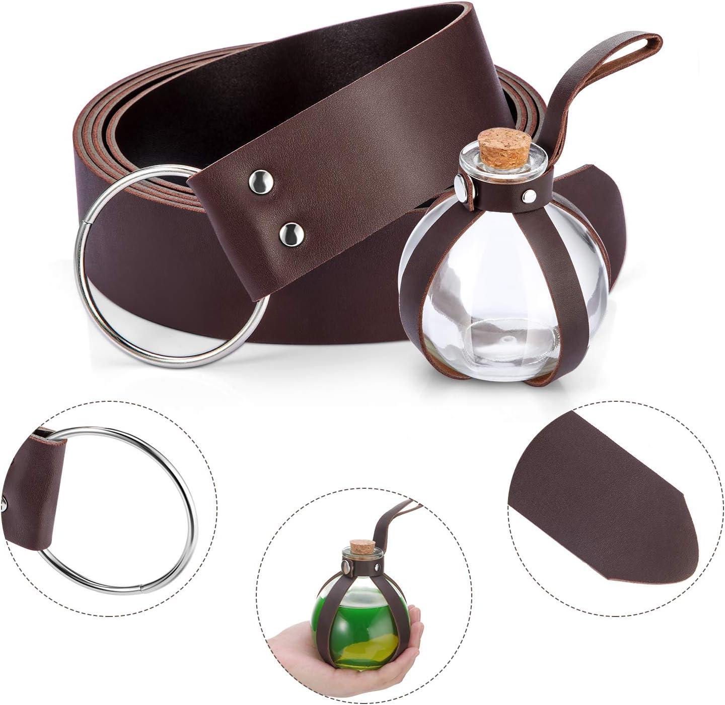 Boao Potion Bottles with Cork Set Dark Magic Cork Round Potion Bottle with Leather Belt Clear Glass Large for Halloween Costume Props DIY Crafts Decorative, 200 ml(Brown)