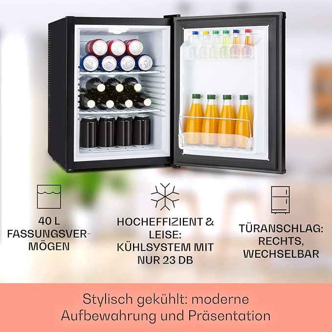 Klarstein Happy Hour – Mini bar, réfrigérateur à boissons, Compression, température de refroidissement : 5-15 °C, classe d'efficacité énergétique A, silencieux : 0 dB, lumière LED, 37 L, Noir