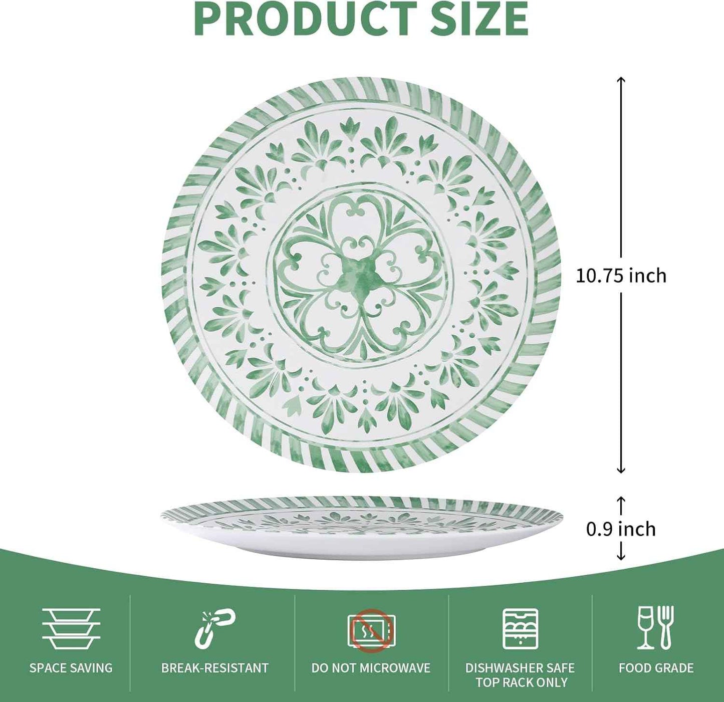 Melamine Dinner Plate, 10.75 Inch Plates Set, 6pcs Dishes Sets,Outdoor Plates with Embossed Design, Unbreakable,Durable&Lightweight,Dishwasher Safe,Green and White Plate