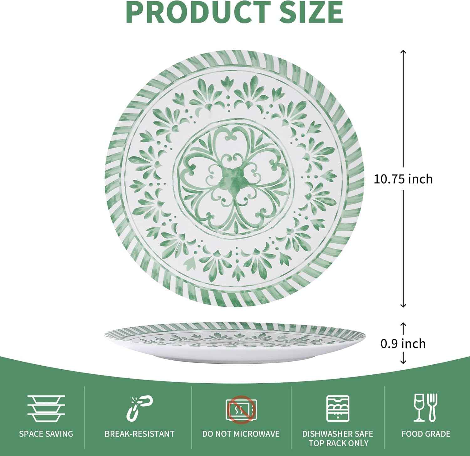 Melamine Dinner Plate, 10.75 Inch Plates Set, 6pcs Dishes Sets,Outdoor Plates with Embossed Design, Unbreakable,Durable&Lightweight,Dishwasher Safe,Green and White Plate