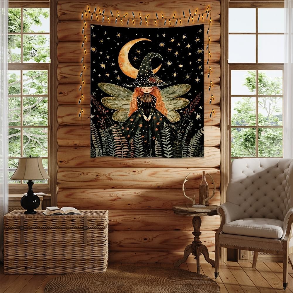 Dark Academia Witch Fairy Tapestry Wall Hanging Magical Moon Starry Night Art Print Halloween Witchy Artwork Aesthetic Wall Tapestries for Girls Bedroom Living Room Dorm Decoration 30x40inch