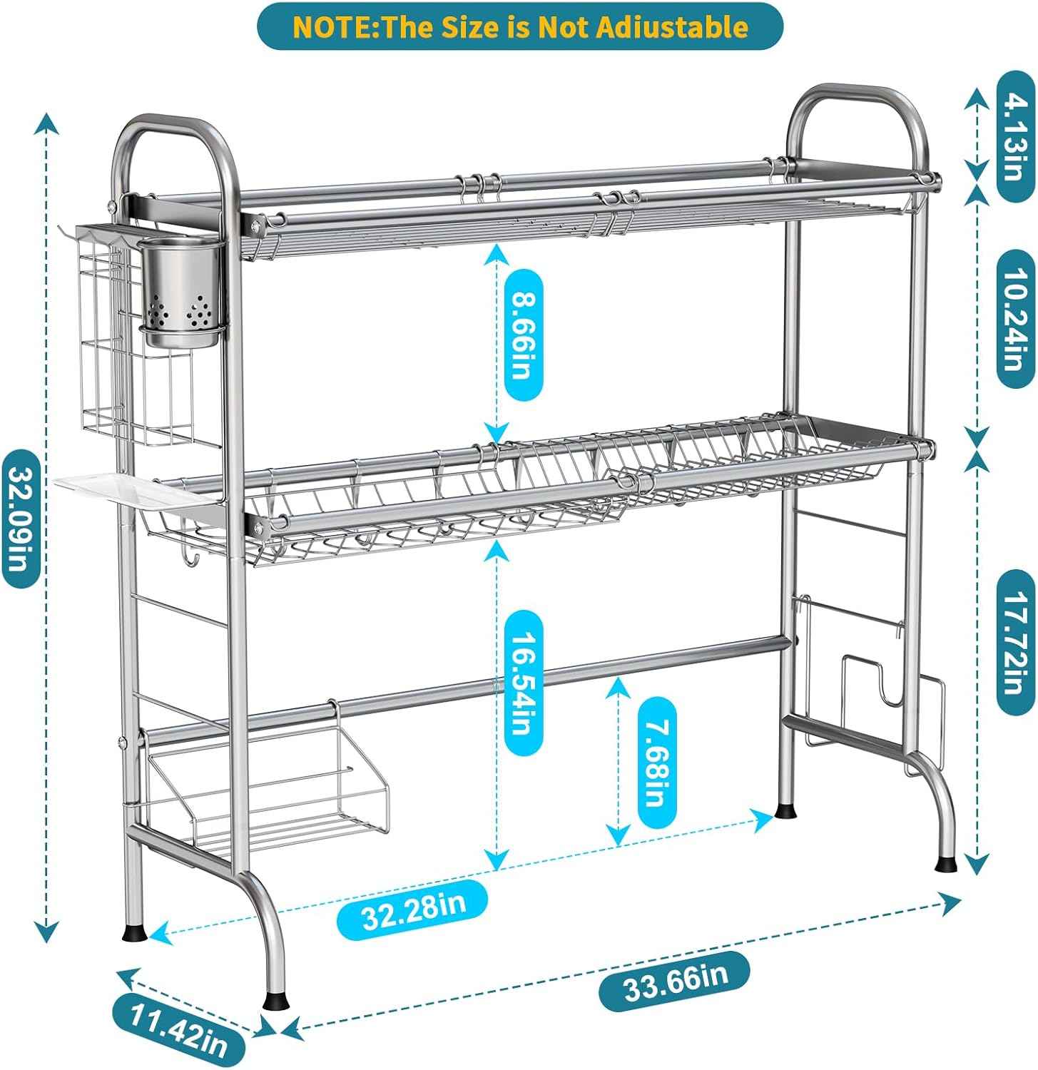 HOWDIA Stainless Steel 2-Tier Over The Sink Dish Drying Rack with Utensil Holder, Large, for Kitchen Counter