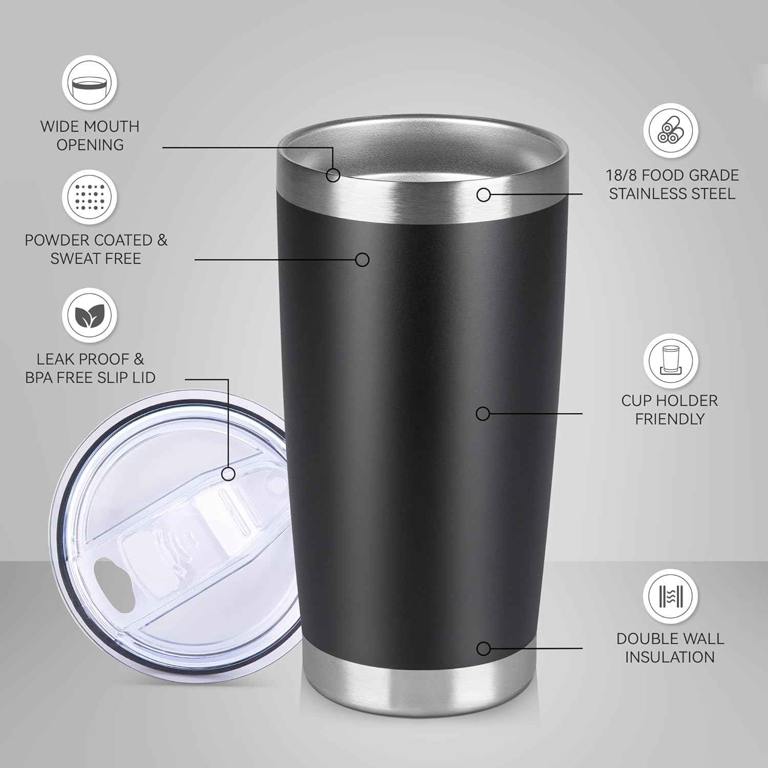 20 oz Tumbler Stainless Steel Tumblers Bulk with Lid Double Wall Insulated Coffee Tumbler Cups for Hot & Cold Drinks Powder Coated Travel Coffee Tumbler Mug Metal (Black, 12 pack)
