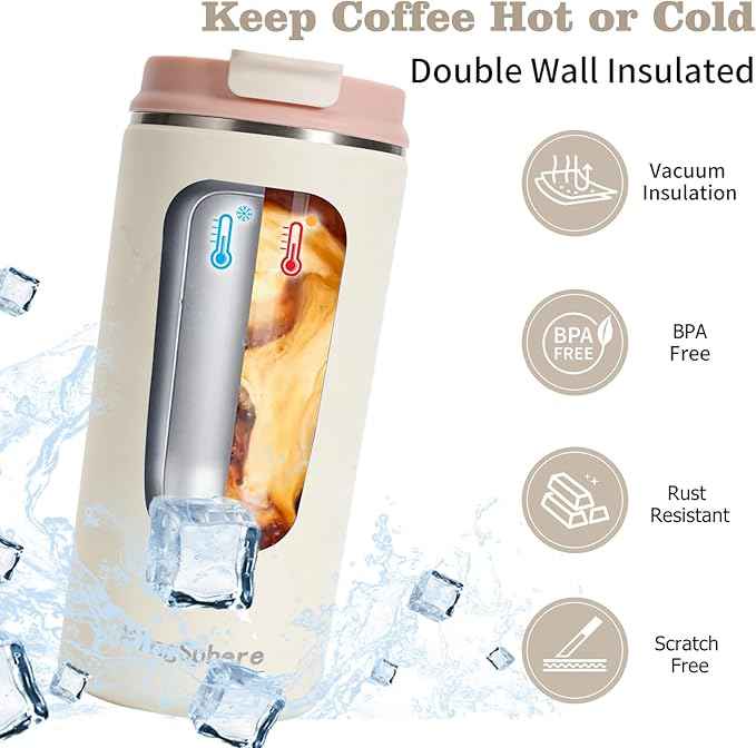 Travel Coffee Mug with Lid, 12 oz Insulated Tumbler, Leak Proof Stainless Steel Cup, for Hot Coffee, Iced Tea & Water, BPA Free, Car Cups Holder Friendly, Beige