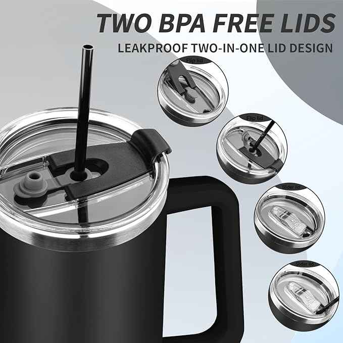 40 oz Tumbler with Handle, Insulated Tumbler with Lid and Straw, Reusable Stainless Steel Vacuum Insulated Cup, 100% Leak Proof Thermal Travel Coffee Mug Cup for Cold and Hot (Black)
