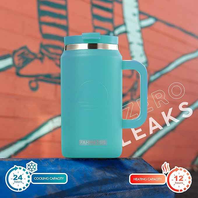 FAHRMOSIS 50 Oz Tumbler with Handle and Straw Large Insulated Tumbler Stainless Steel Travel Mug for Hot & Cold Drinks, Reusable Water Bottle with Lids and Straw - Teal