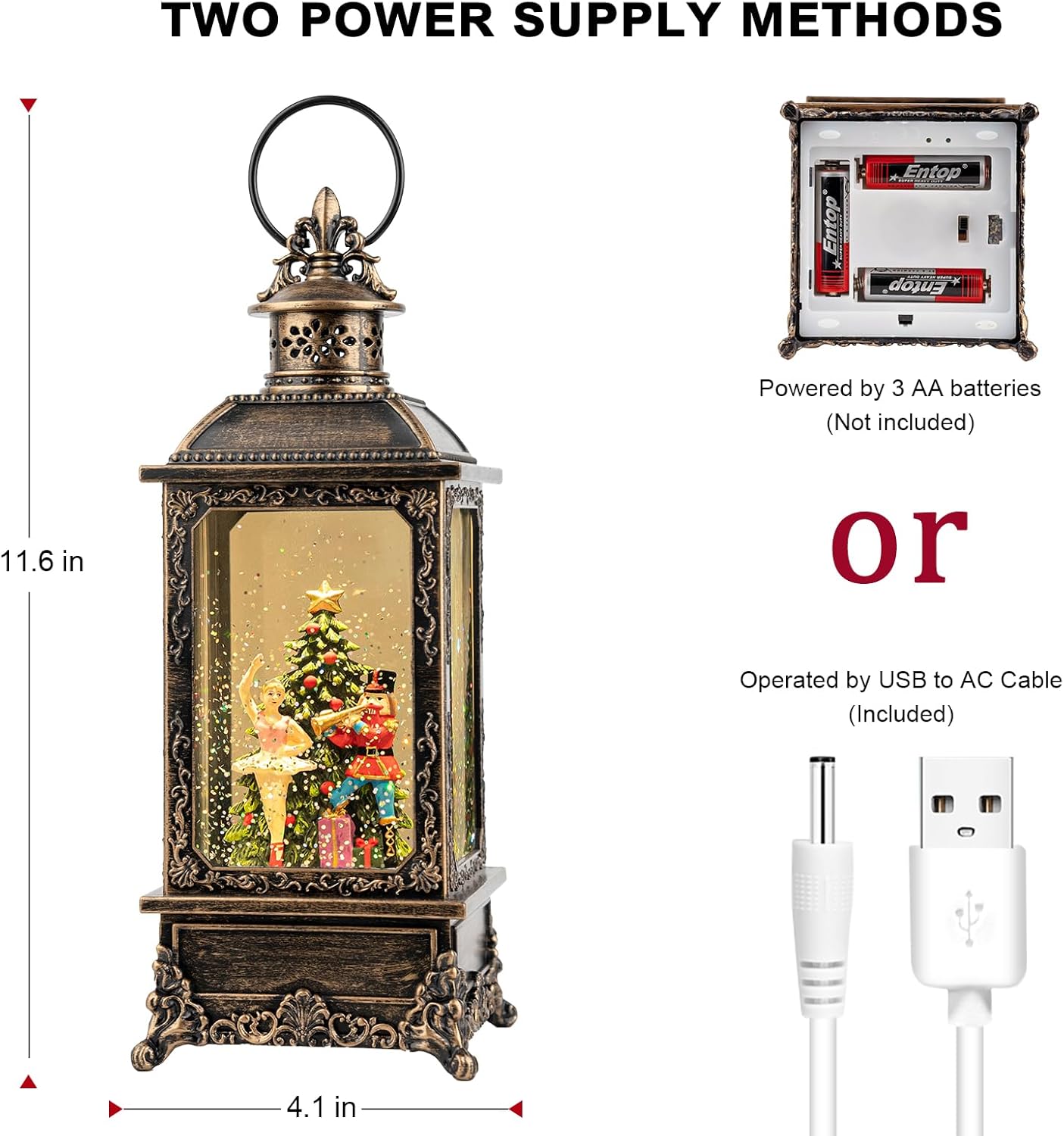 Christmas Snow Globe Lantern Water Glittering Nutcracker Ballerina with Music & Timer, USB Lined/Battery Operated Lighted Lantern for Christmas Festival Decoration Gifts